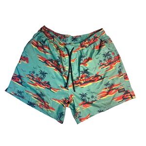 AFTCO Mens XL Swim Trunks Teal Tropical Palm Tree Fishing Board Shorts 6" Inseam